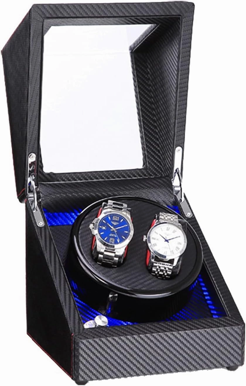 Double Watch Winder with Blue LED Backlight – Wooden Piano Paint – Carbon Fiber Lining – Storage for 2 Watches Travel Case – Quiet Motor – 5 Modes – Double Power Supply (Black 02)