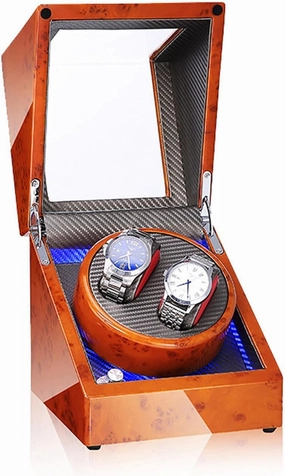 Double Watch Winder with Blue Led Backlight - Wooden Piano Paint - Carbon Fiber Lining - Storage for 2 Watches Travel Case - Quiet Motor - 5 Modes - Double Power Supply (Green)(Yellow)