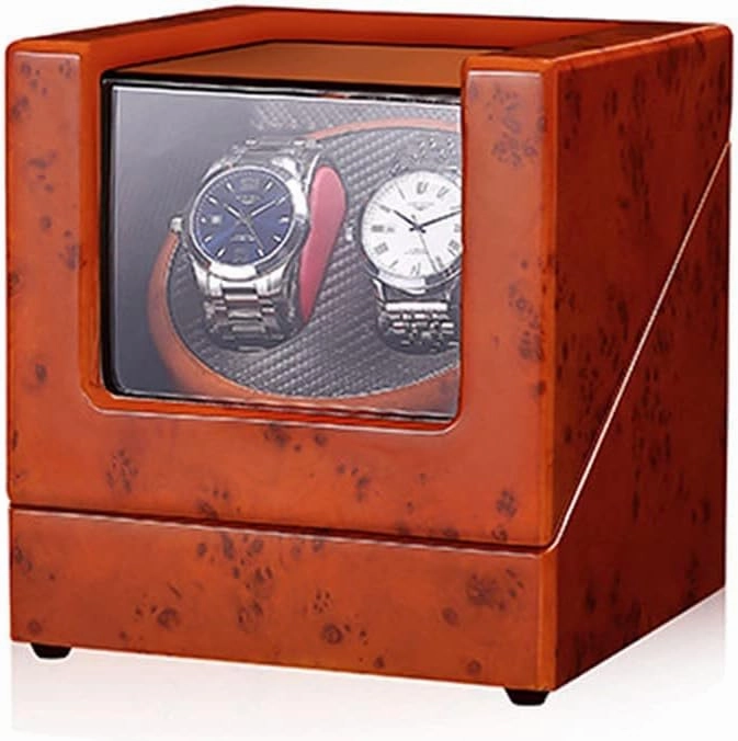 Double Watch Winder with Blue Led Backlight - Wooden Piano Paint - Carbon Fiber Lining - Storage for 2 Watches Travel Case - Quiet Motor - 5 Modes - Double Power Supply (Green)(Yellow)