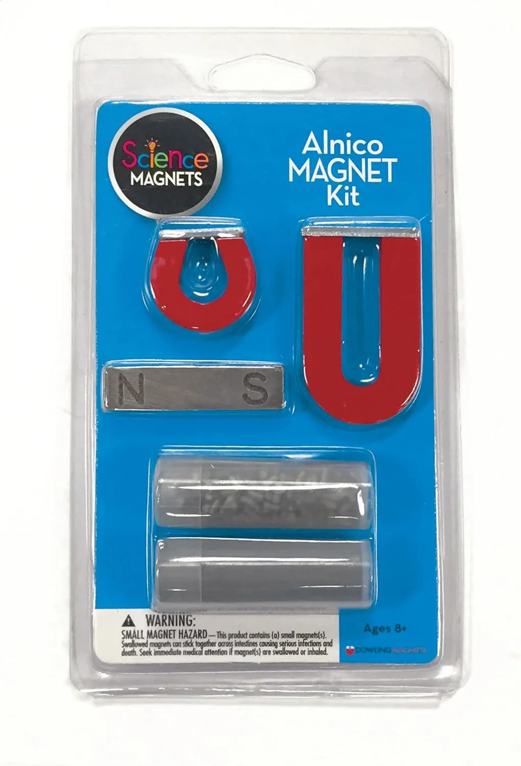 Dowling Magnets Alnico Magnet Science Kit. Magnets for Kids Including 2 Horseshoe Magnets, 1 Bar Magnet, Iron Filings and Iron Shapes for Fun Science Experiments. Item 731009. Ages 8 