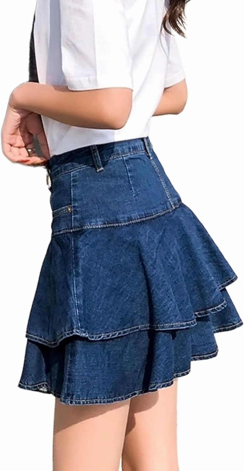 Dqbeng Women's A Line Denim Ruffle Skirt Y2K Pleated Mini Jean Skirts with Pockets