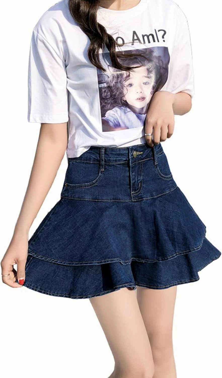 Dqbeng Women's A Line Denim Ruffle Skirt Y2K Pleated Mini Jean Skirts with Pockets