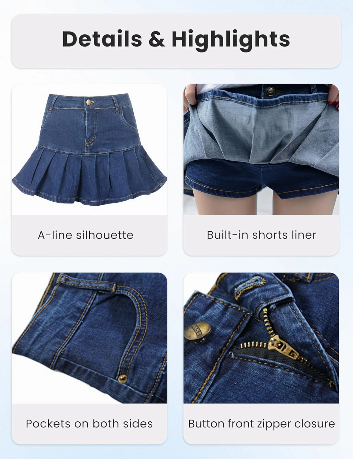 Dqbeng Women's A Line Denim Ruffle Skirt Y2K Pleated Mini Jean Skirts with Pockets