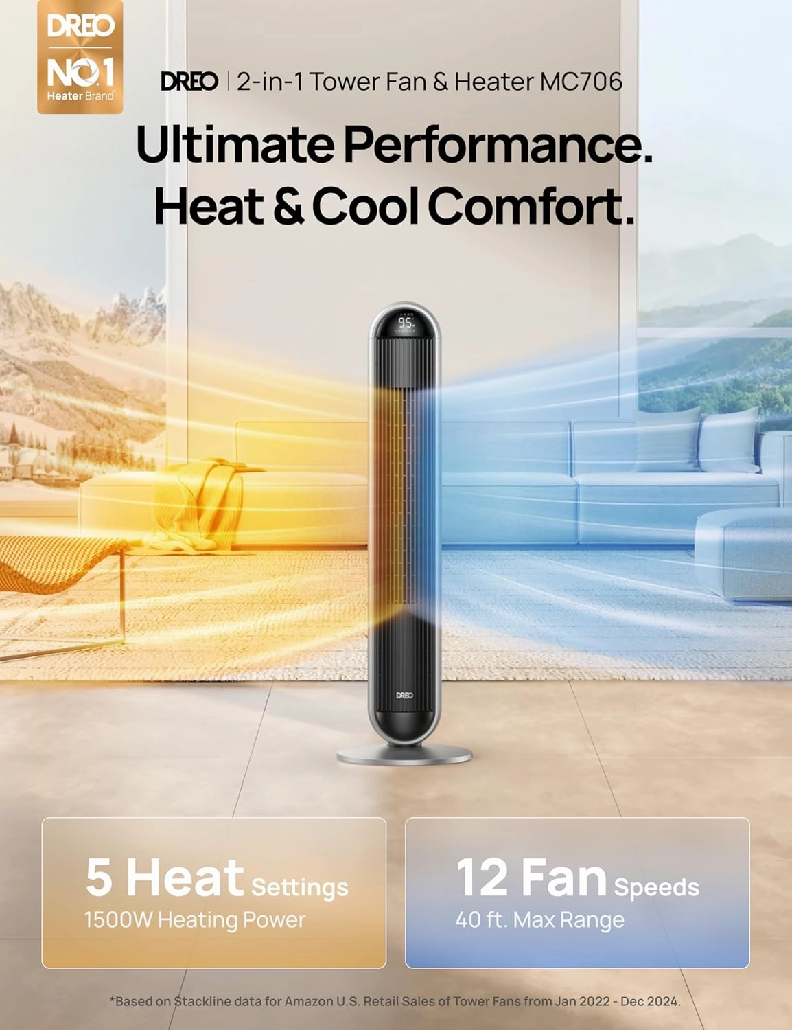Dreo Tower Fan and Heater Combo, 29.2ft/s Standing Fans for Bedroom, 17 Levels, 6 Modes, 120° Oscillation, 42 Inch, 12H Timer, 25dB Quiet, with Remote, for Office, Large Room, Silver