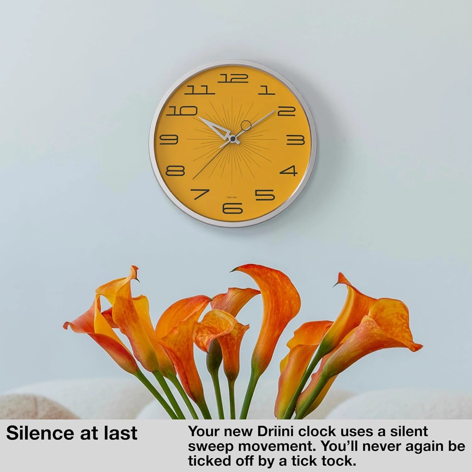 Driini Mid Century Modern Wall Clock (12 Inch) – Silent Non-Ticking Retro Wall Clock for Living Room, Kitchen, or Bathroom MCM Decor – Decorative Wall Clocks Battery Operated (Yellow)