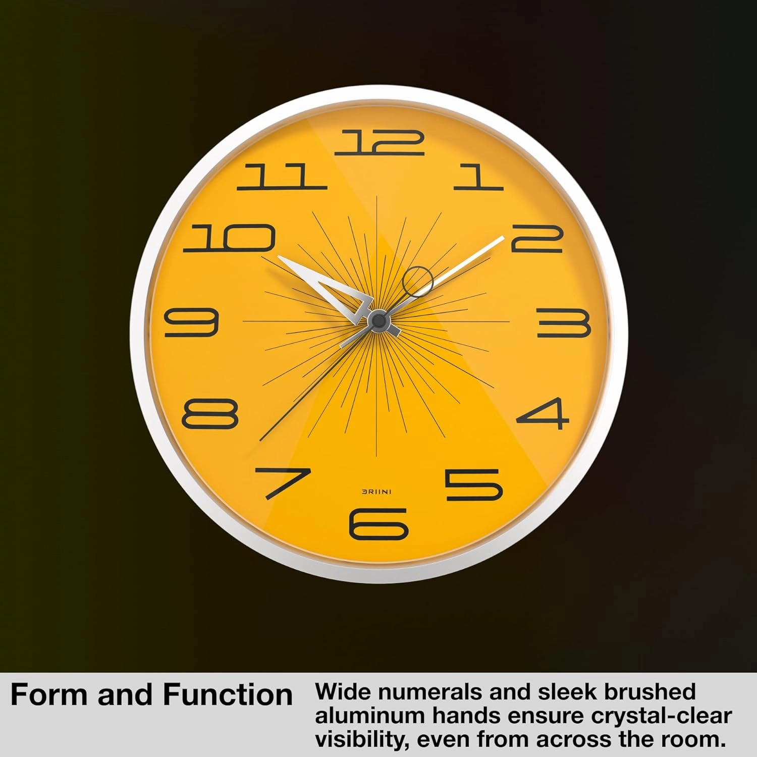 Driini Mid Century Modern Wall Clock (12 Inch) – Silent Non-Ticking Retro Wall Clock for Living Room, Kitchen, or Bathroom MCM Decor – Decorative Wall Clocks Battery Operated (Yellow)