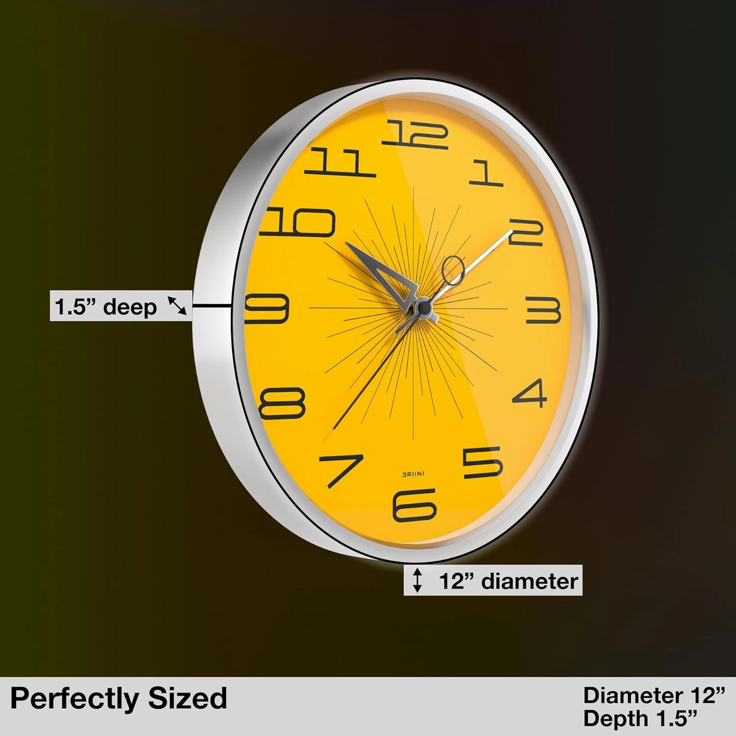 Driini Mid Century Modern Wall Clock (12 Inch) – Silent Non-Ticking Retro Wall Clock for Living Room, Kitchen, or Bathroom MCM Decor – Decorative Wall Clocks Battery Operated (Yellow)