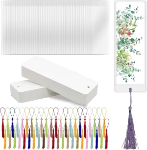 DSYIL 100 PCS Blank Bookmarks, 100 PCS Clear Bookmark Sleeves and 100 Colorful Tassels, DIY Paper Book Marks Kit for Making Your Own Bookmarks and Gift Tags, 5.5 x 2 Inches