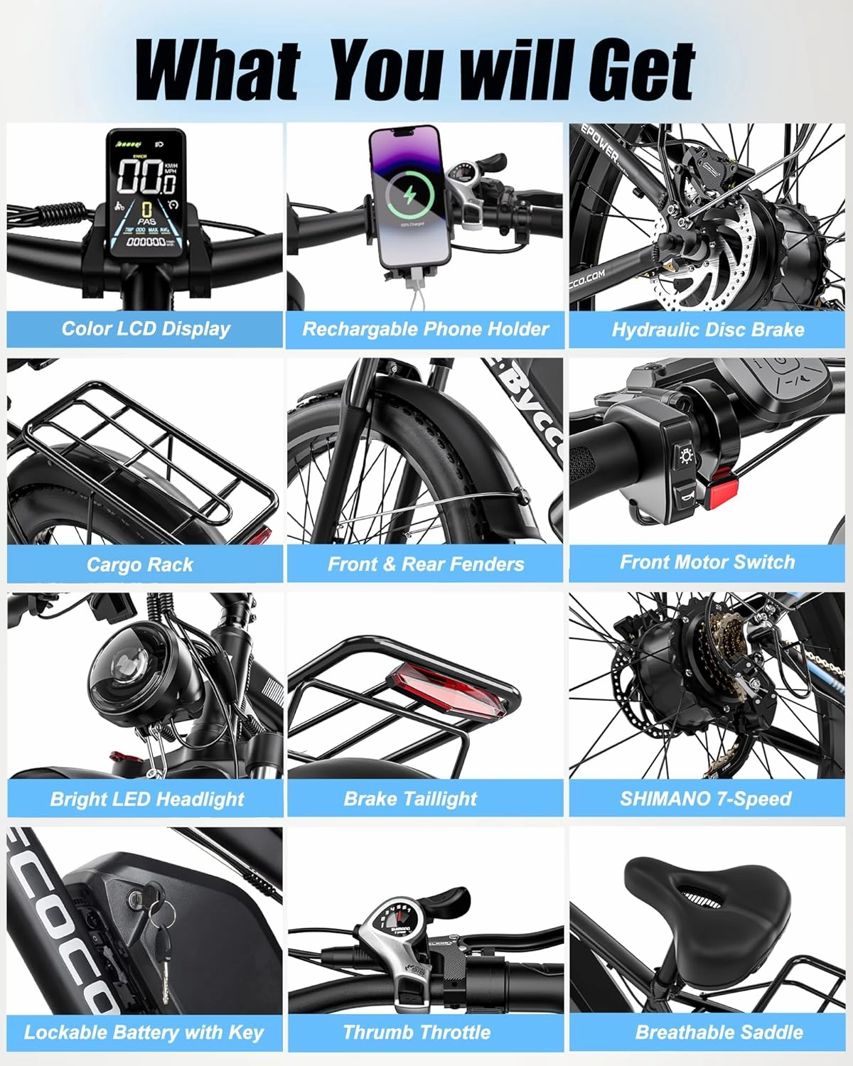 E·Bycco 5000W Peak Dual Motors Electric Bike for Adults, 52V 32Ah Battery up to 100Miles, 40-45MPH Fast Ebike, 24"*4.0 Fat Tire Hydraulic Disc Brake E-Bicycle, Off-Road Mountain Hunting E-Bike for Men