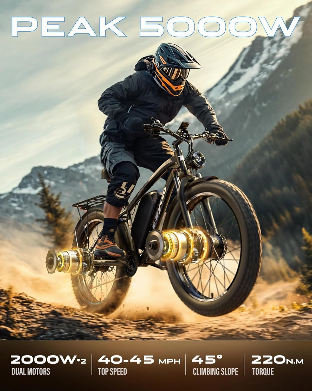 E·Bycco 5000W Peak Dual Motors Electric Bike for Adults, 52V 32Ah Battery up to 100Miles, 40-45MPH Fast Ebike, 24"*4.0 Fat Tire Hydraulic Disc Brake E-Bicycle, Off-Road Mountain Hunting E-Bike for Men