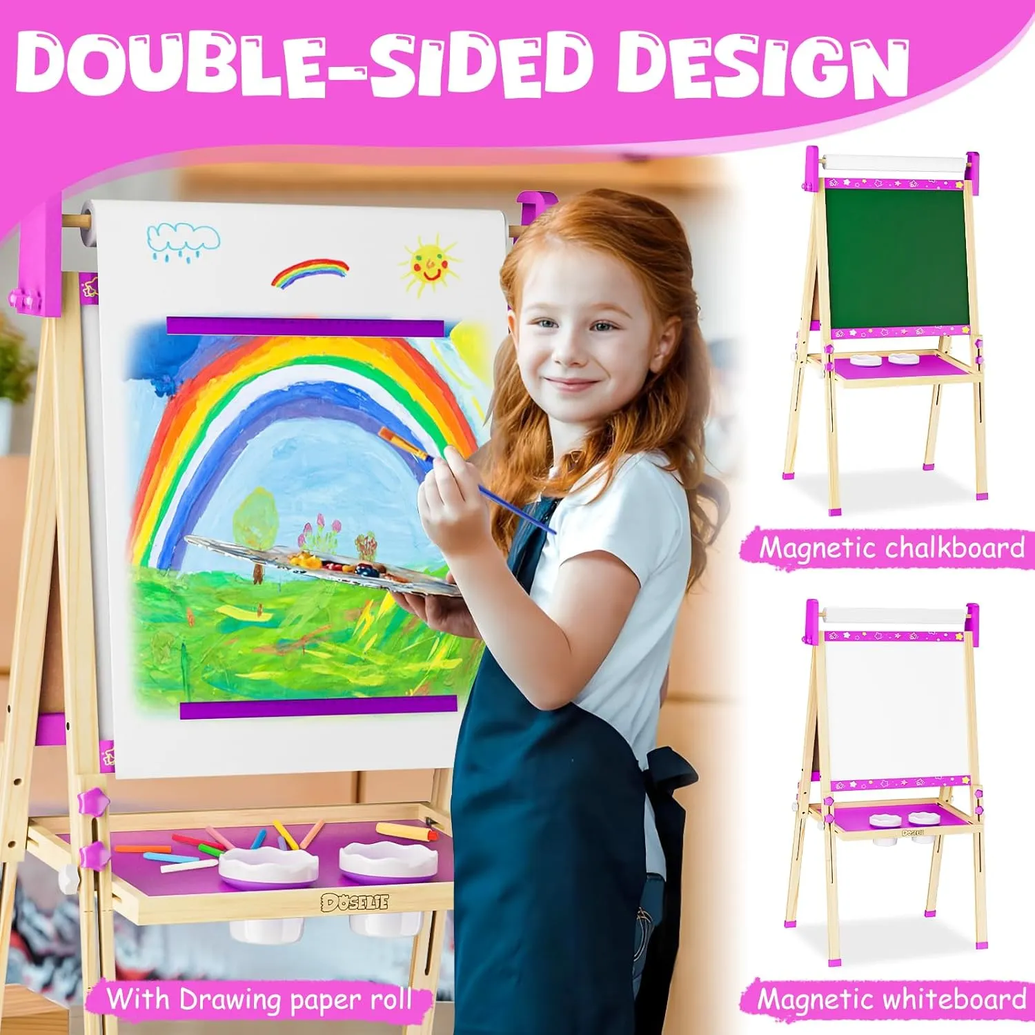 Easel for Kids Toys,Toddler Art Easel with Art Supplies, Height Adjustable Double-Sided Magnetic Dry Eraser Whiteboard and Chalk Board with Paper Roll,2 3 4 5 6 7 8 9 10 Year Old Girl Birthday Gifts