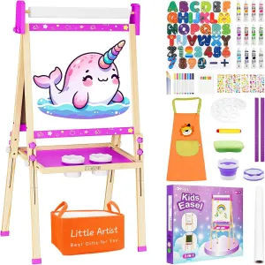 Easel for Kids Toys,Toddler Art Easel with Art Supplies, Height Adjustable Double-Sided Magnetic Dry Eraser Whiteboard and Chalk Board with Paper Roll,2 3 4 5 6 7 8 9 10 Year Old Girl Birthday Gifts