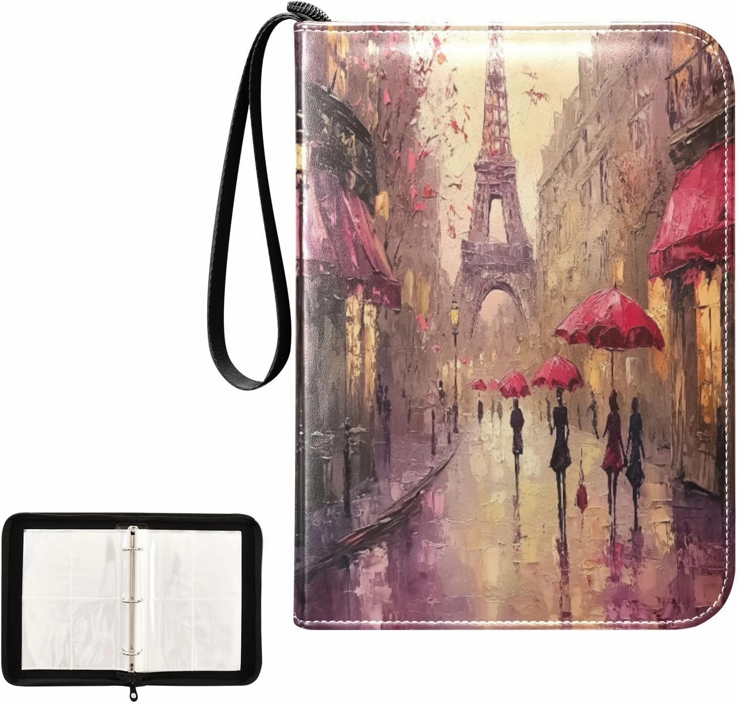 Eiffel Tower Paris Street Painting Card Binder 4 Pocket, Trading Card Holder Fits 400 Game Cards with 50 Removable Sleeves, MTG Card Case Standard Size
