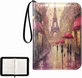 Eiffel Tower Paris Street Painting Card Binder 4 Pocket, Trading Card Holder Fits 400 Game Cards with 50 Removable Sleeves, MTG Card Case Standard Size