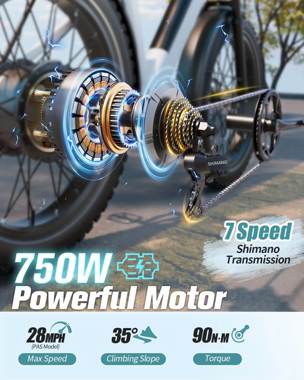 Electric Bike for Adults 960W Peak, 48V 15AH Removable Battery Electric Bicycle, 28MPH Commuter E-Bike, 7 Speed, Up to 60 Miles,All Terrain 26" Fat Tire Front Suspension, Samoyed