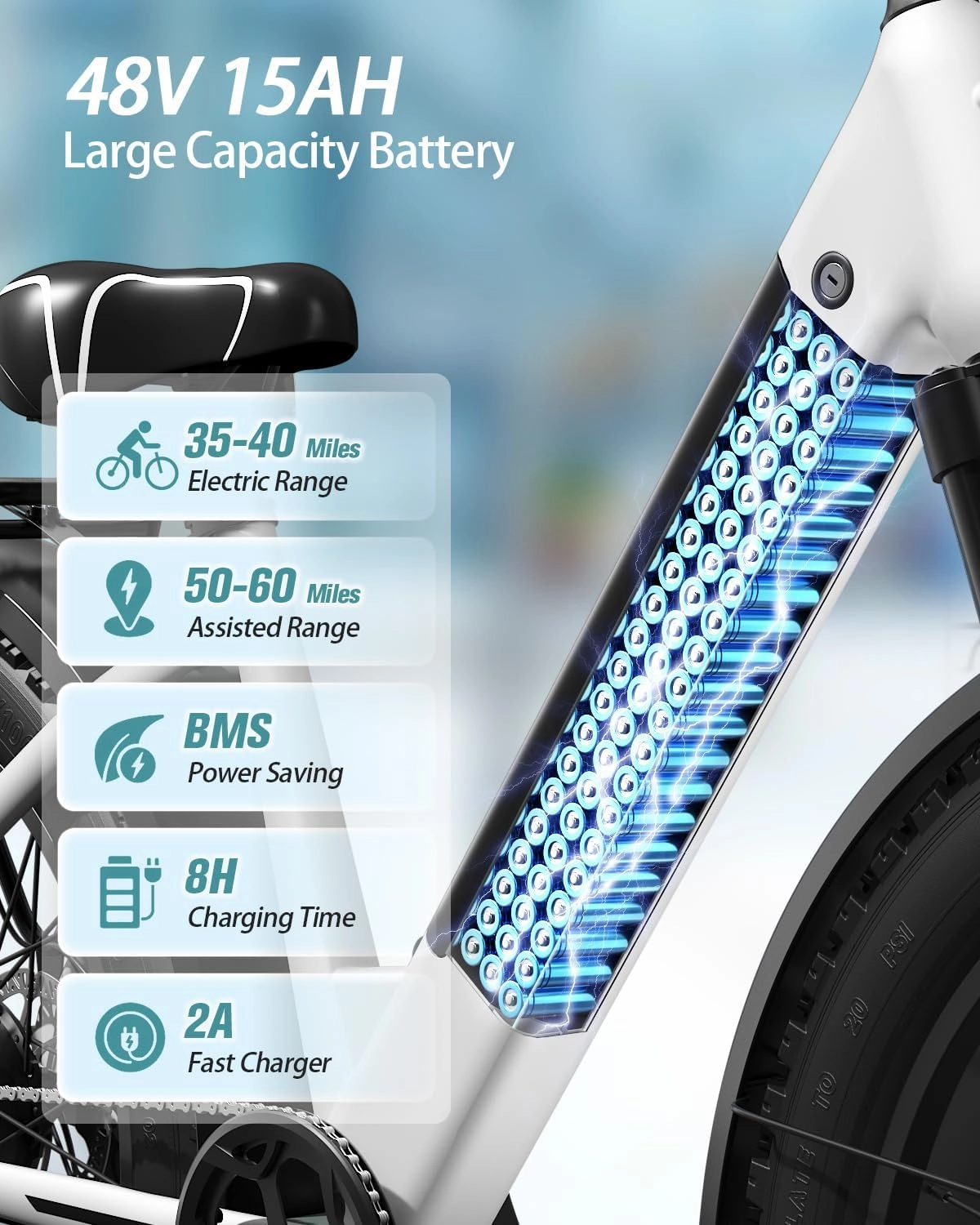 Electric Bike for Adults 960W Peak, 48V 15AH Removable Battery Electric Bicycle, 28MPH Commuter E-Bike, 7 Speed, Up to 60 Miles,All Terrain 26" Fat Tire Front Suspension, Samoyed