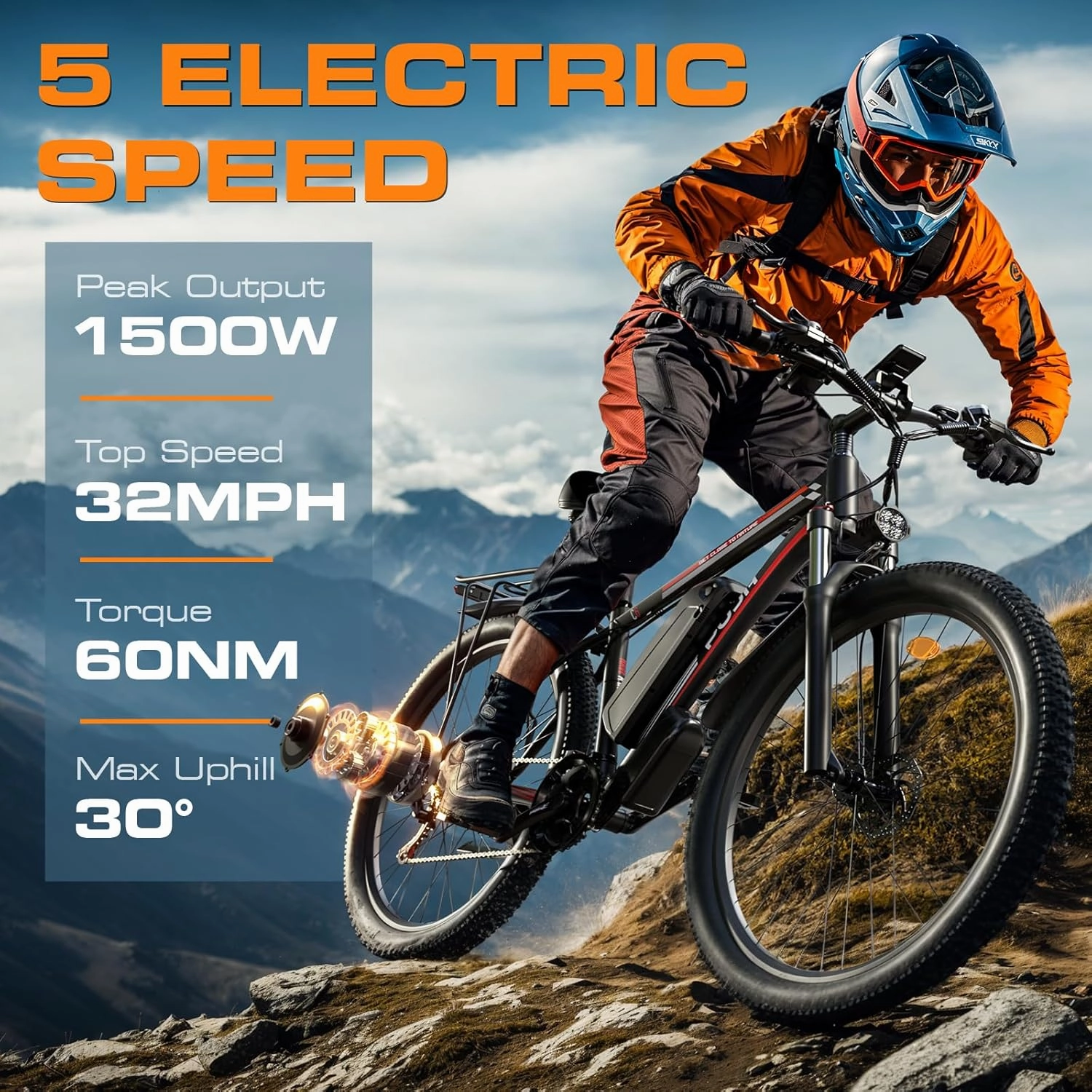Electric Mountain Bike Class 3, 48V 17.5Ah (840Wh) with Peak 1500W Motor 29'' Wheels for Adults Max 28-32 mph, 30-80 Miles with Disc Brakes, 21-Speed, Front Suspension for Off-Road Riding