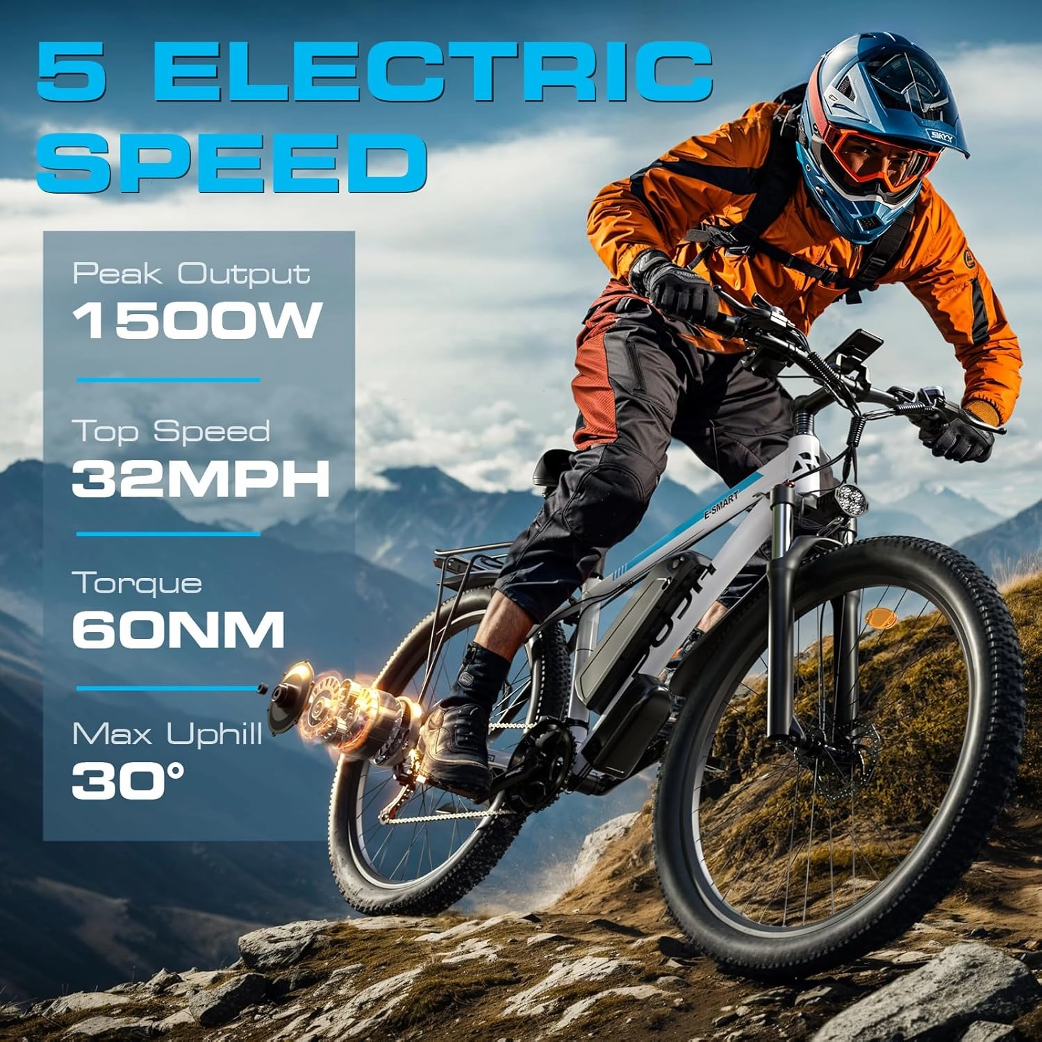 Electric Mountain Bike Class 3, 48V 17.5Ah (840Wh) with Peak 1500W Motor 29'' Wheels for Adults Max 28-32 mph, 30-80 Miles with Disc Brakes, 21-Speed, Front Suspension for Off-Road Riding