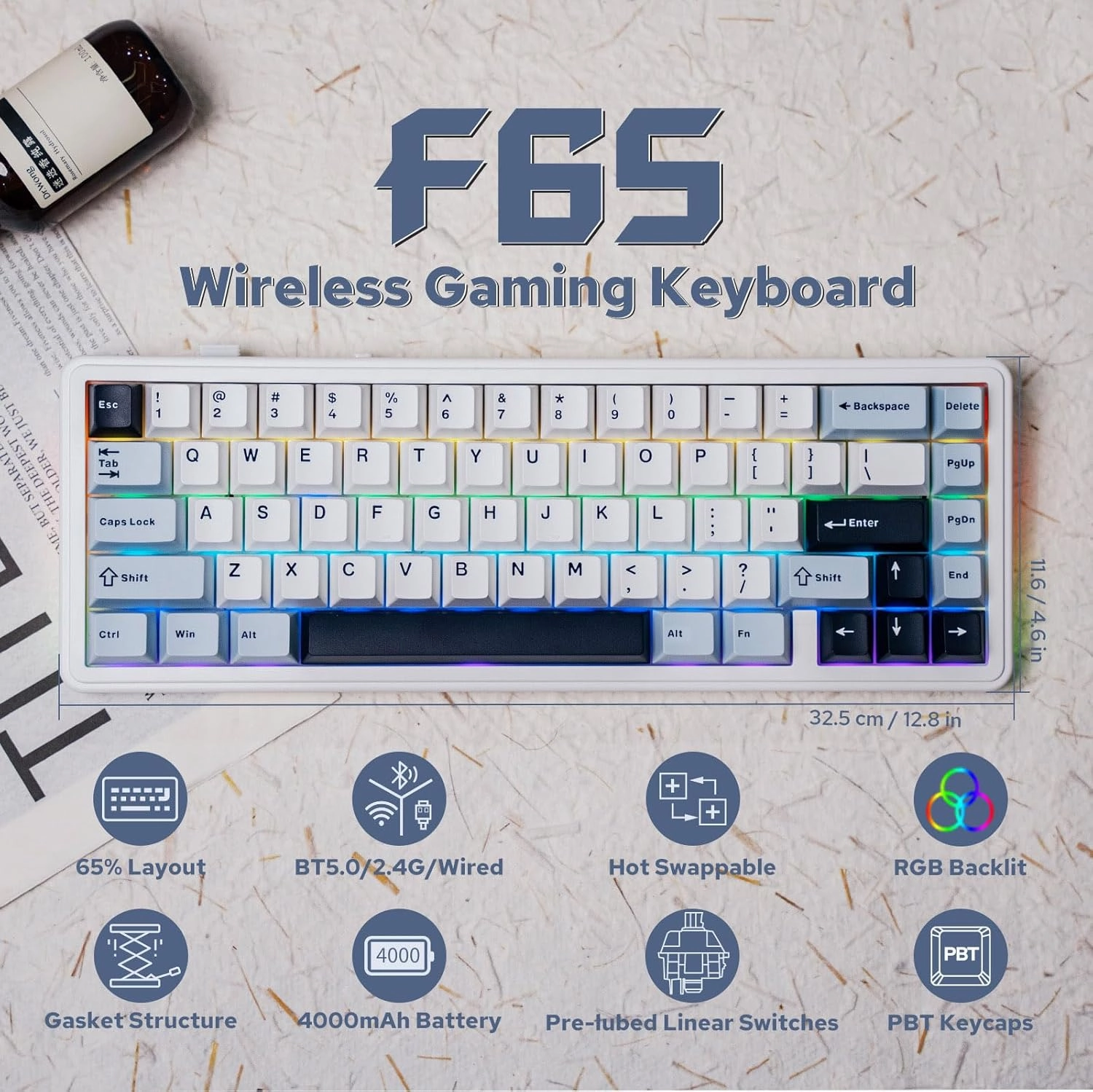EPOMAKER x Aula F65 65% Wireless Mechanical Keyboard, Hot Swappable Gasket Custom Gaming Keyboard with Five-Layer Padding, RGB Backlit, Bluetooth/2.4GHz/USB-C (Light Blue, Reaper Switch)