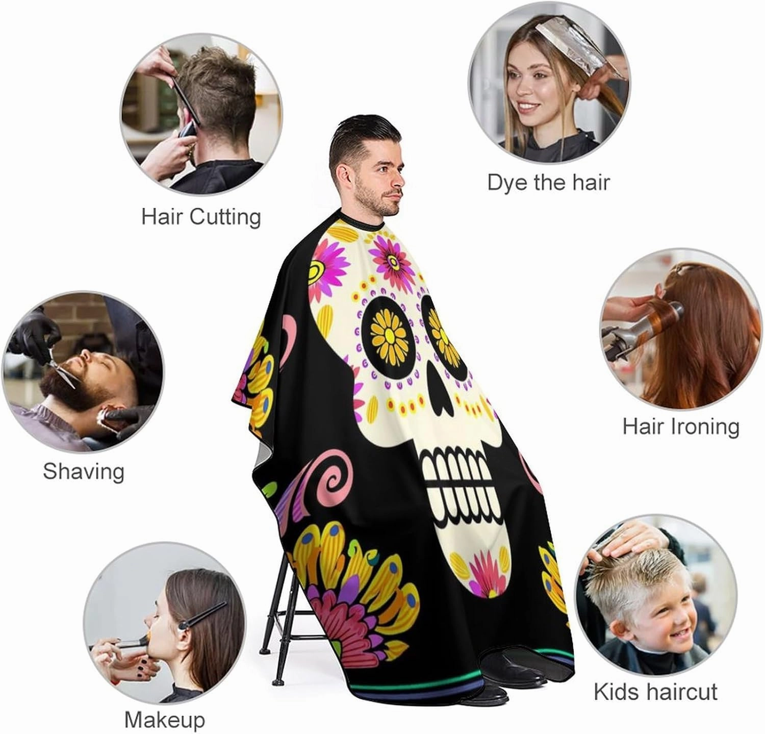 Extra Large Hair Styling Cape - Sugar Skull Colorful Flowers Art Haircut Apron Haircuting Salon Cape Gown for Hair Cutting & Styling