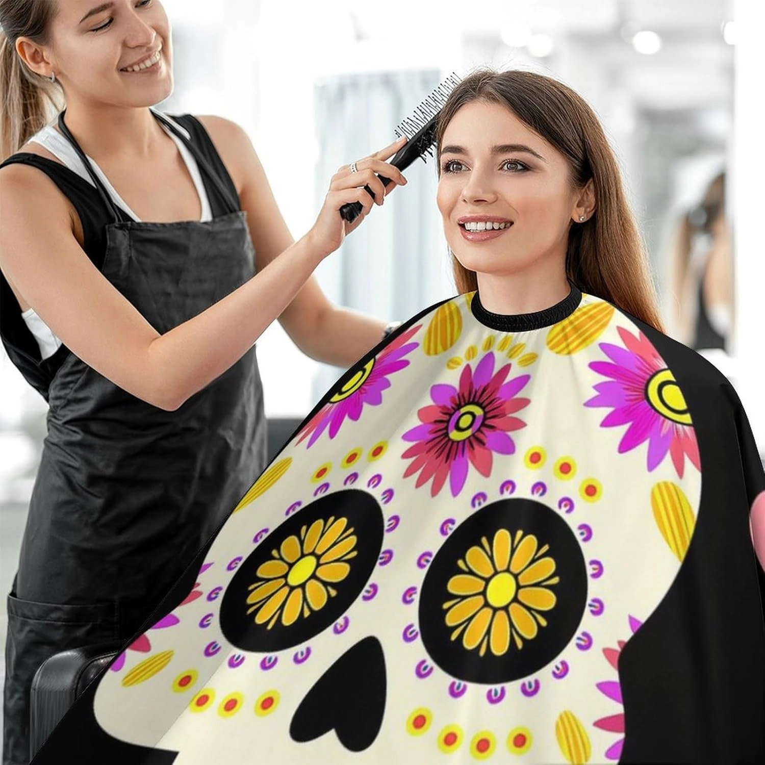 Extra Large Hair Styling Cape - Sugar Skull Colorful Flowers Art Haircut Apron Haircuting Salon Cape Gown for Hair Cutting & Styling