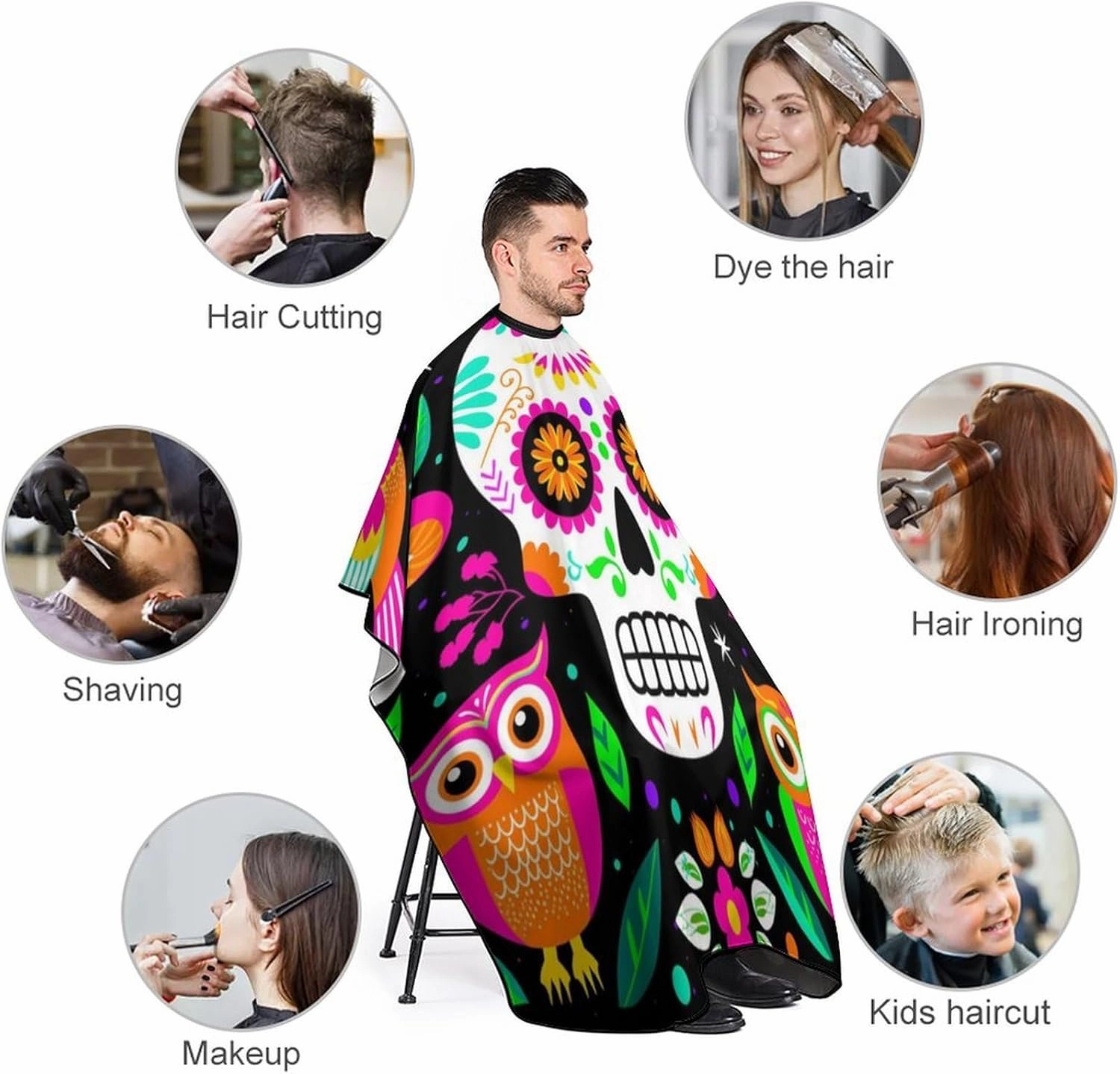 Extra Long Salon Cape - Colorful Floral Sugar Skull Owl Art Dyeing Salon Apron Shampoo & Cutting Household Capes Wrap for Hair Salon