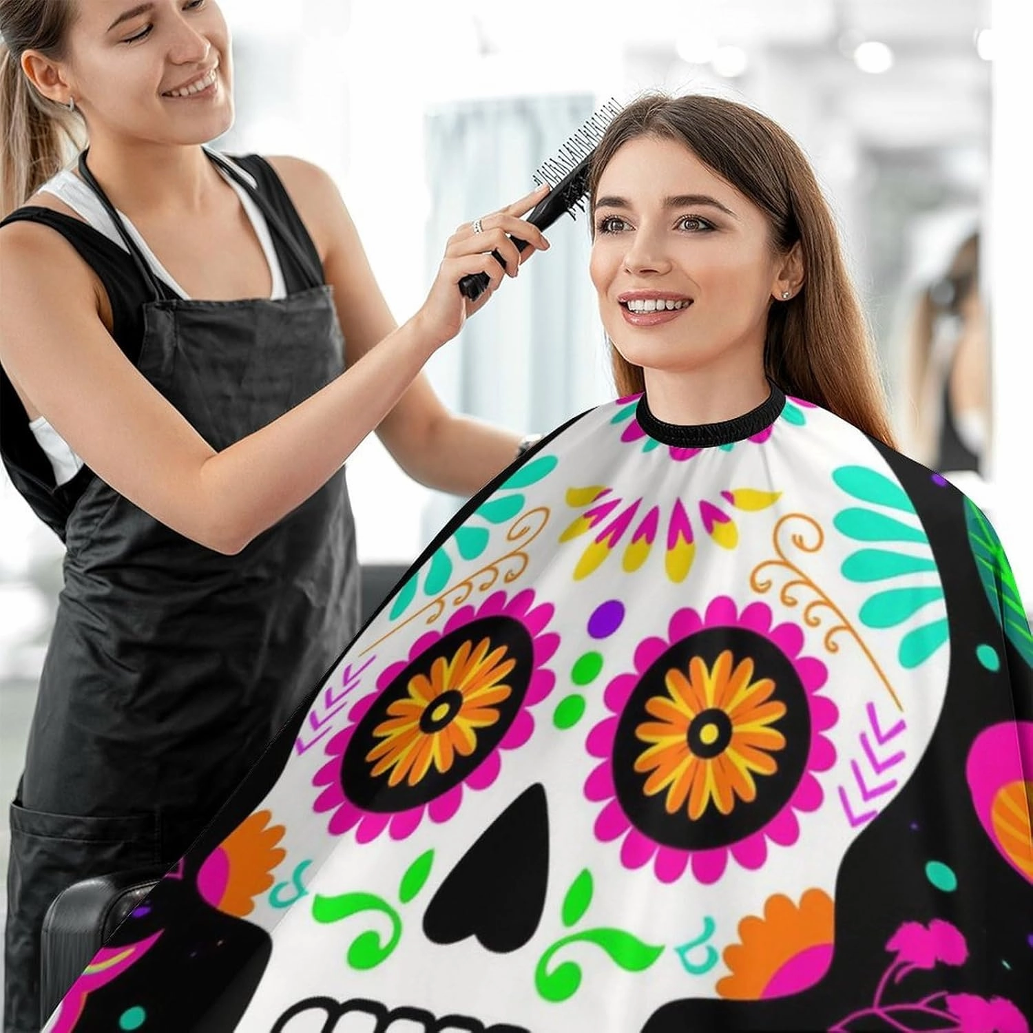 Extra Long Salon Cape - Colorful Floral Sugar Skull Owl Art Dyeing Salon Apron Shampoo & Cutting Household Capes Wrap for Hair Salon