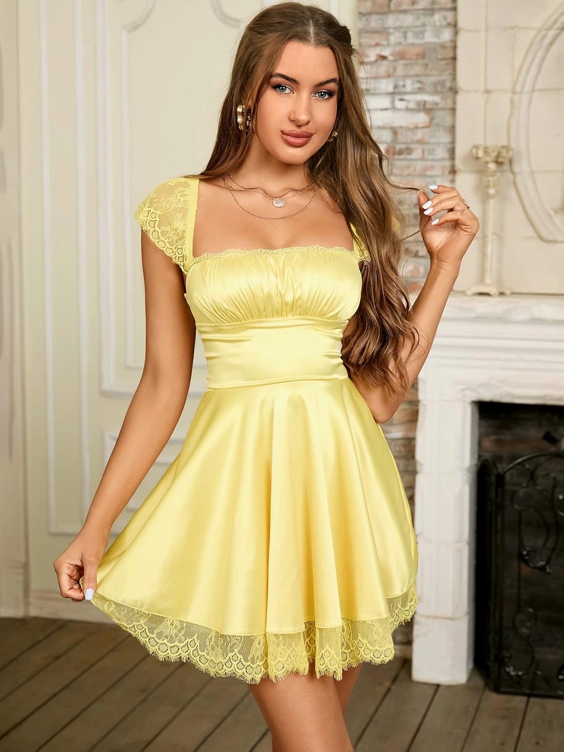 EYNMIN Women's Satin Lace Strap Mini Dress Square Neck Flowy A-Line Ruffle Swing Casual Short Dresses