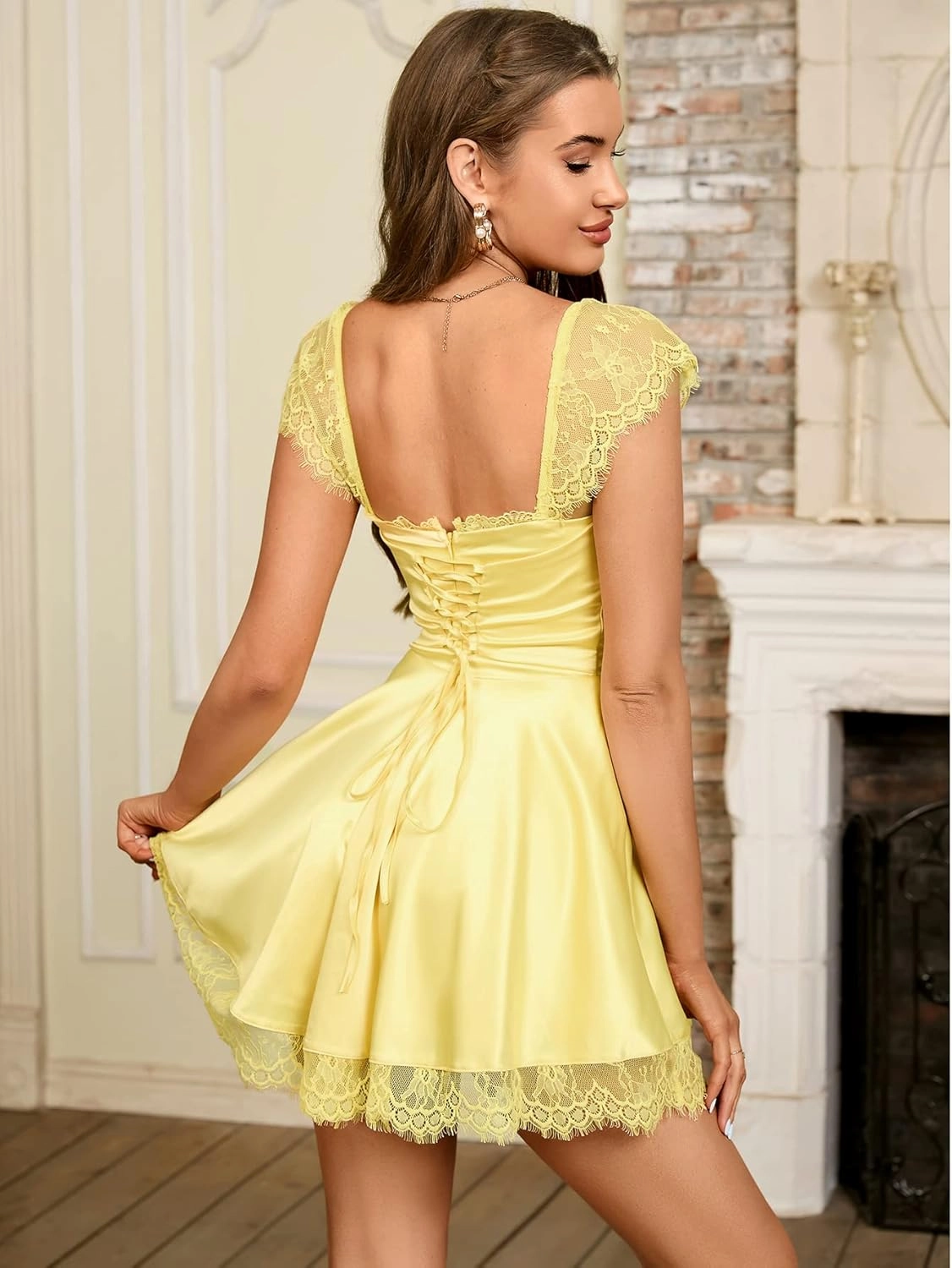 EYNMIN Women's Satin Lace Strap Mini Dress Square Neck Flowy A-Line Ruffle Swing Casual Short Dresses
