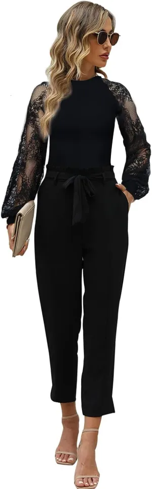 FANCYINN Womens 2 Pieces Crop Pants Set High Neck Tank Tops High Waisted Cropped Pencil Pants with Belt