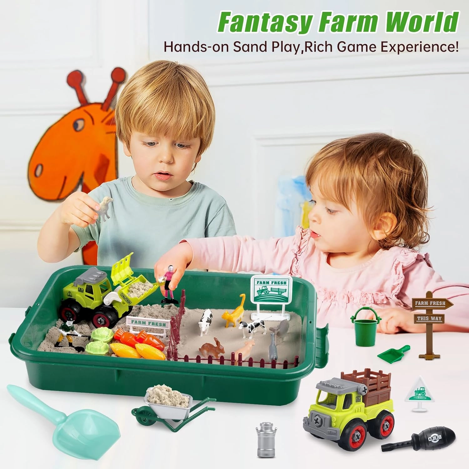 Farm Sensory Bin, Farm Toys & 2.2lbs Play Sand, Farm Animals, Farm Trucks, Sand Box with Lid, Christmas Birthday Gift for Kids Toddlers Ages 3 4 5 6 7 8
