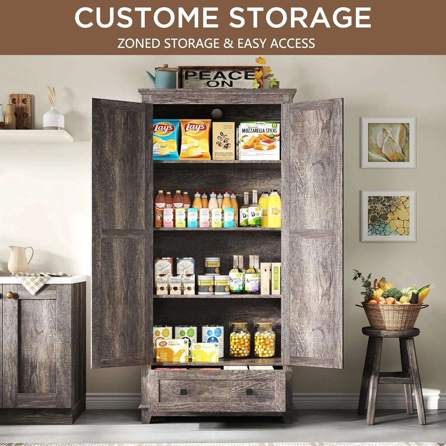 Farmhouse Kitchen Pantry Cabinet, 72" Tall Storage Cabinet with Adjustable Shelves & Barn Doors, Freestanding Kitchen Cupboard for Dining Room, Living Room, Gray