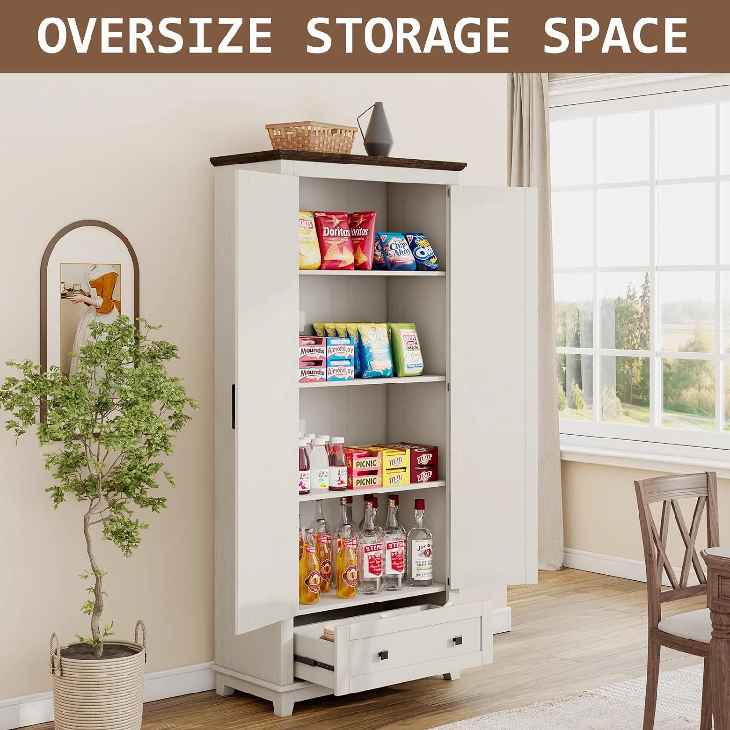 Farmhouse Kitchen Pantry Cabinet, 72" Tall Storage Cabinet with Adjustable Shelves & Barn Doors, Freestanding Kitchen Cupboard for Dining Room, Living Room, Barnwood White