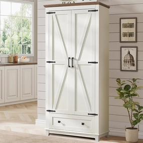 Farmhouse Kitchen Pantry Cabinet, 72" Tall Storage Cabinet with Adjustable Shelves & Barn Doors, Freestanding Kitchen Cupboard for Dining Room, Living Room, Barnwood White