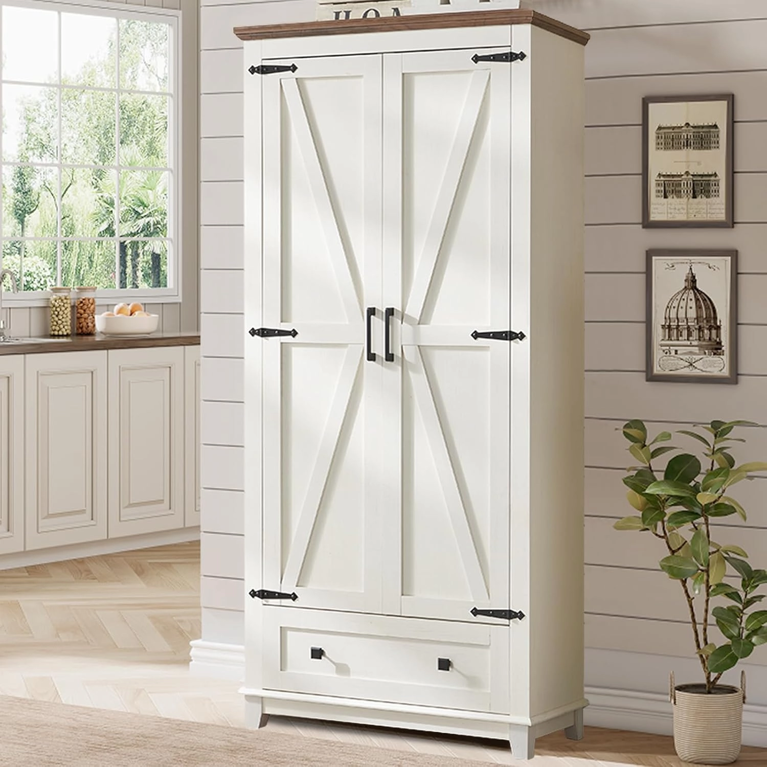Farmhouse Kitchen Pantry Cabinet, 72" Tall Storage Cabinet with Adjustable Shelves & Barn Doors, Freestanding Kitchen Cupboard for Dining Room, Living Room, Barnwood White