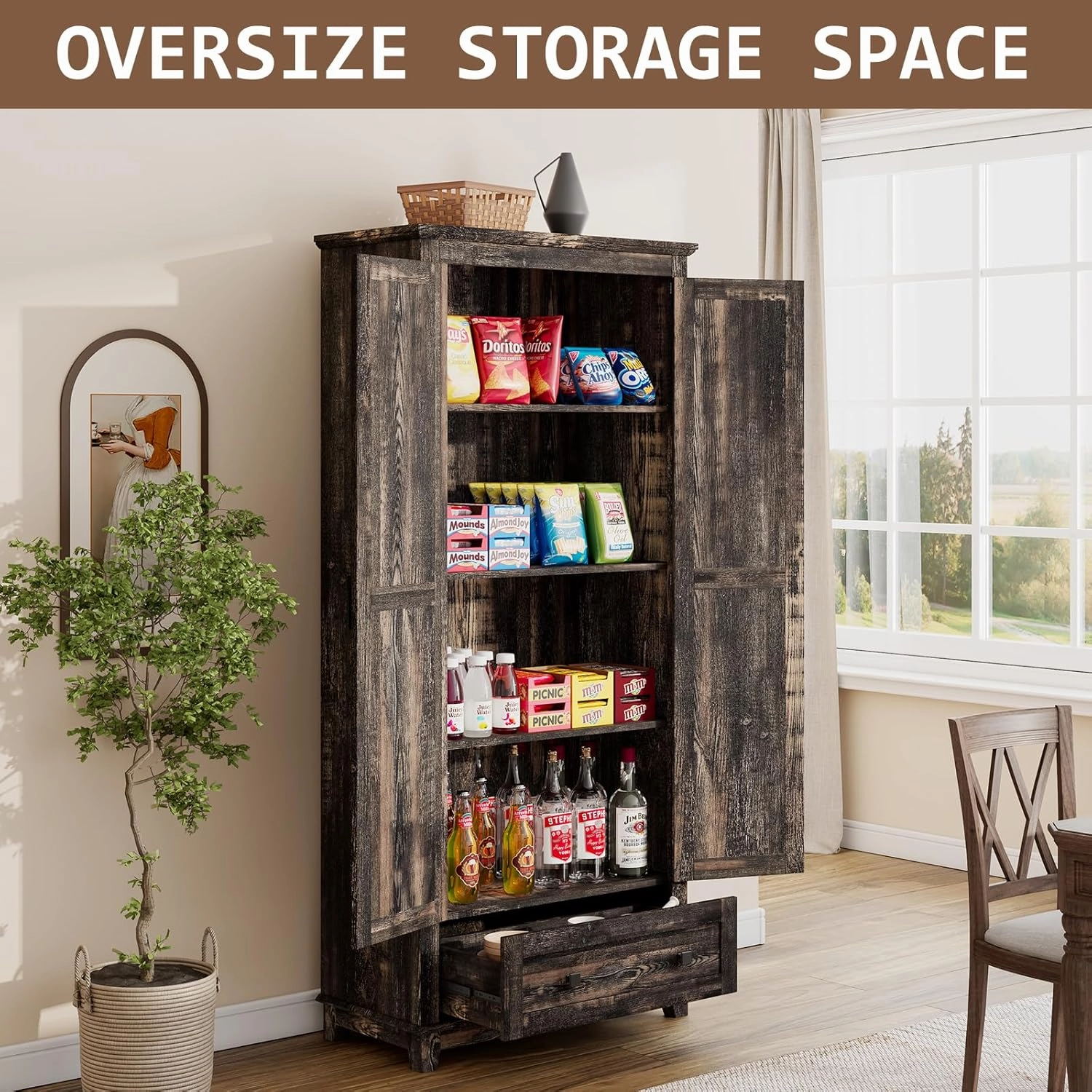 Farmhouse Kitchen Pantry Cabinet, 72" Tall Storage Cabinet with Adjustable Shelves & Barn Doors, Freestanding Kitchen Cupboard for Dining Room, Living Room, Dark Rustic Oak