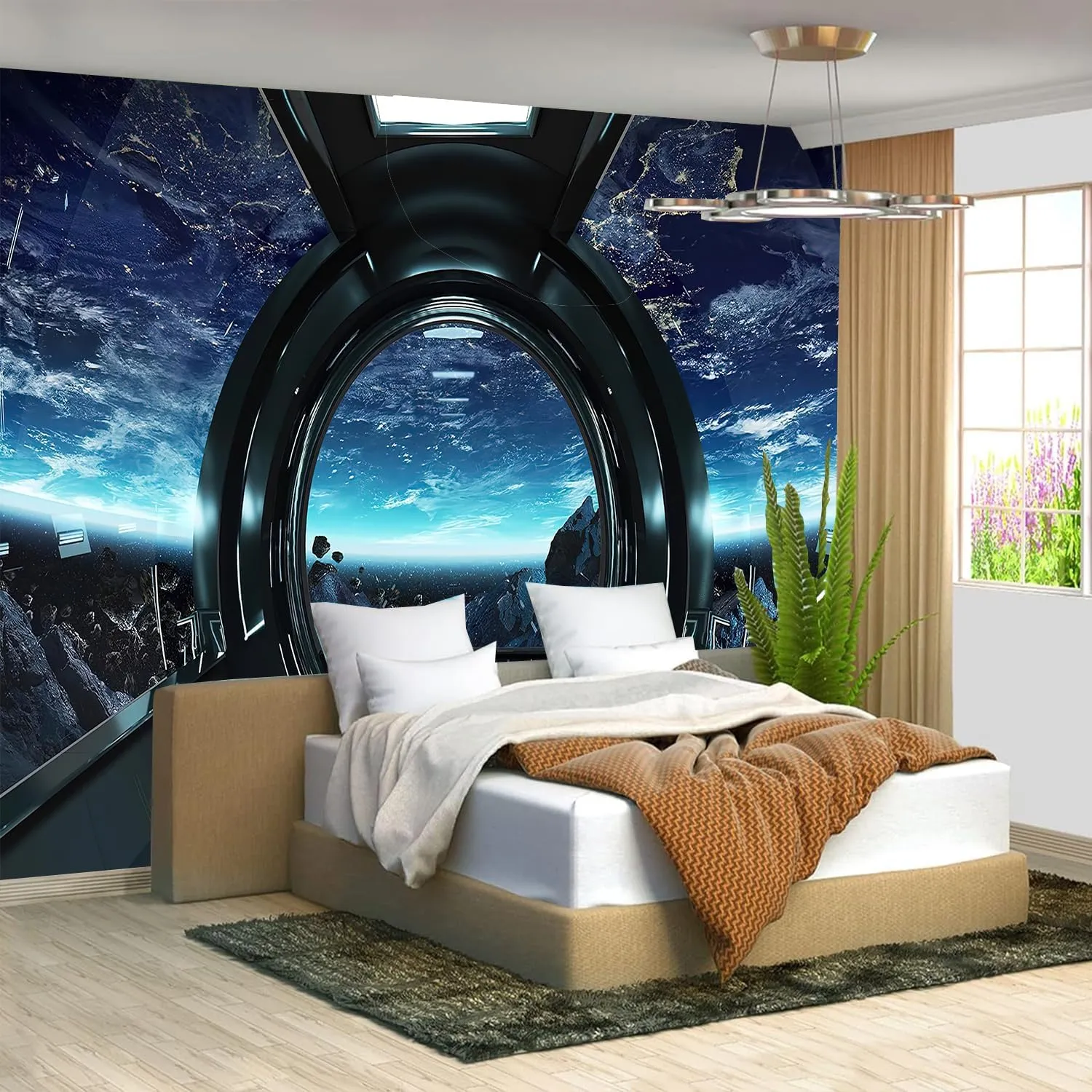 FENDROM Spaceship Tapestry Wall Hanging Futuristic Science Fiction Wall Tapestry Sci Fi Space Ship Interior Space Station Planet Earth Tapestries for Bedroom Living Room Dorm Home Decor