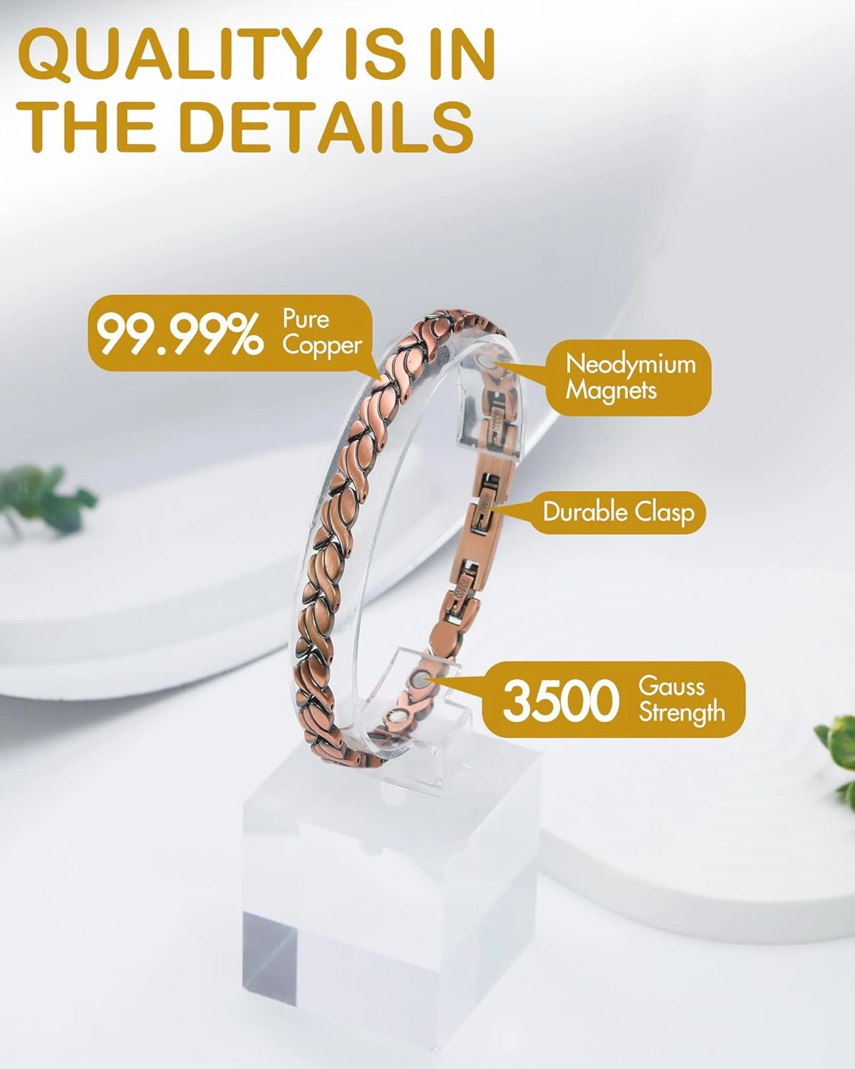 Feraco Copper Bracelets for Women, 99.99% Pure Copper Magnetic Bracelets with Effective Neodymium Magnets, Adjustable Jewelry Gift with Sizing Tool