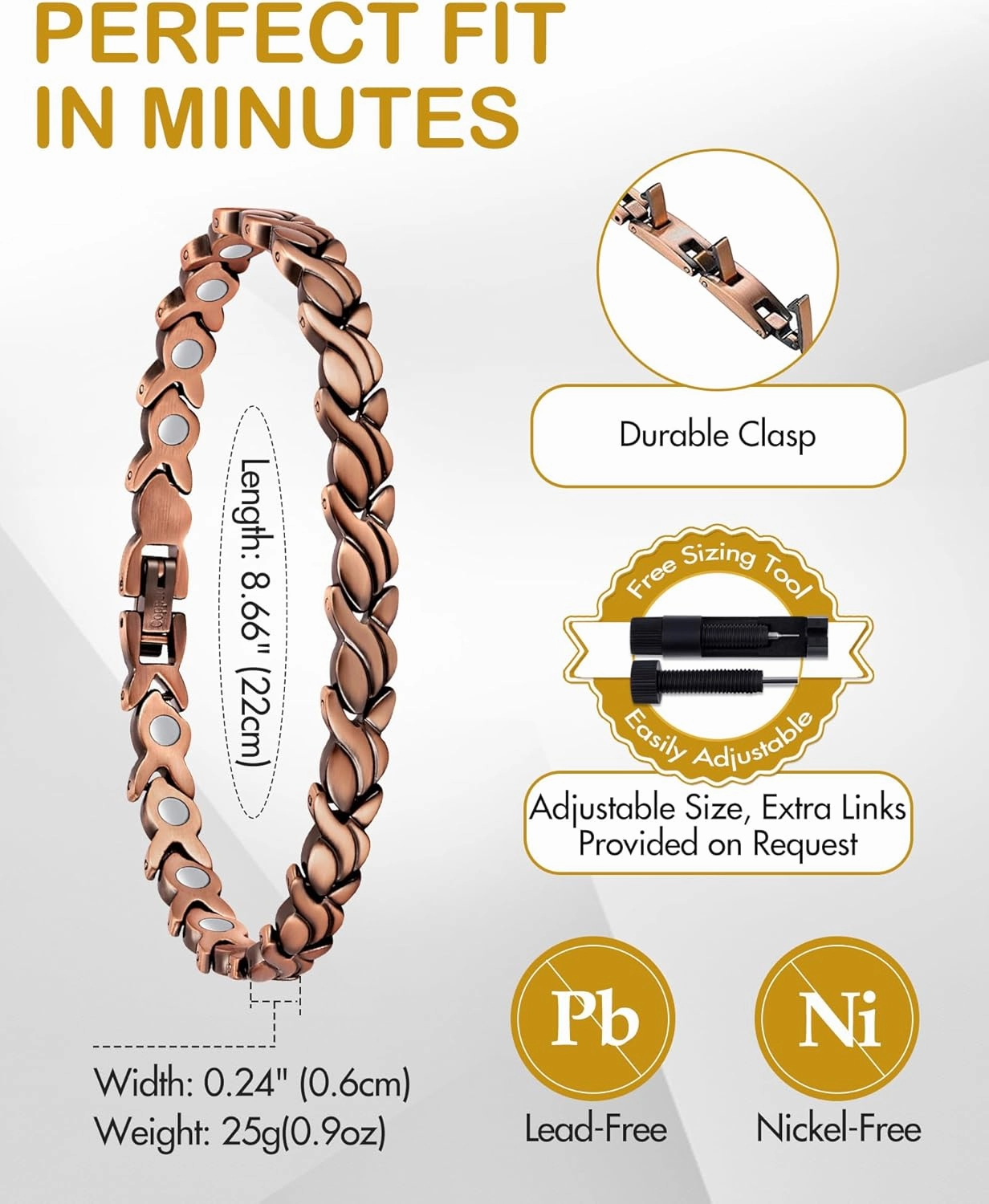 Feraco Copper Bracelets for Women, 99.99% Pure Copper Magnetic Bracelets with Effective Neodymium Magnets, Adjustable Jewelry Gift with Sizing Tool