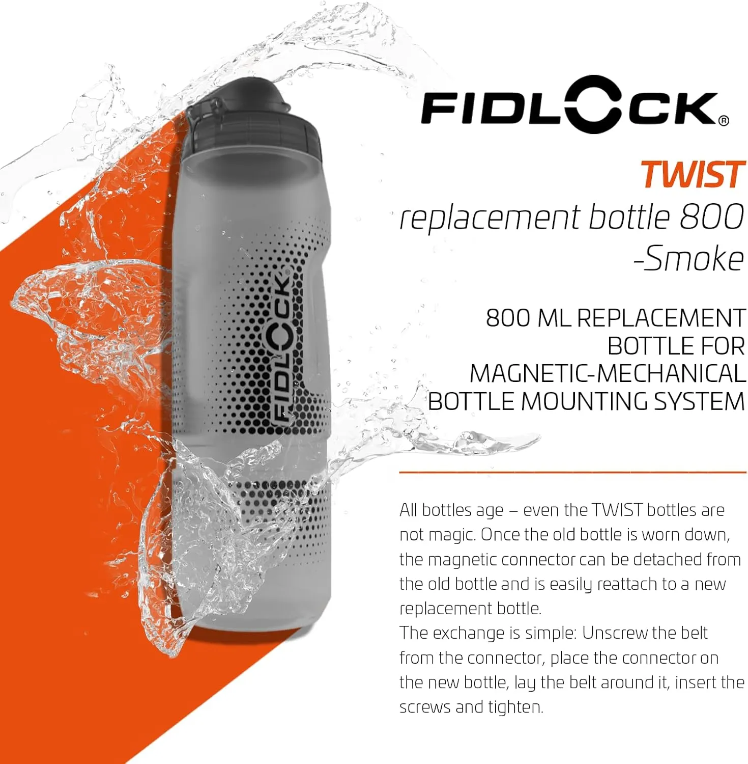 FIDLOCK Twist Replacement Bottle 800ml/27oz | Includes Twist Bottle Only (Twist Base Not Included) | Smoke
