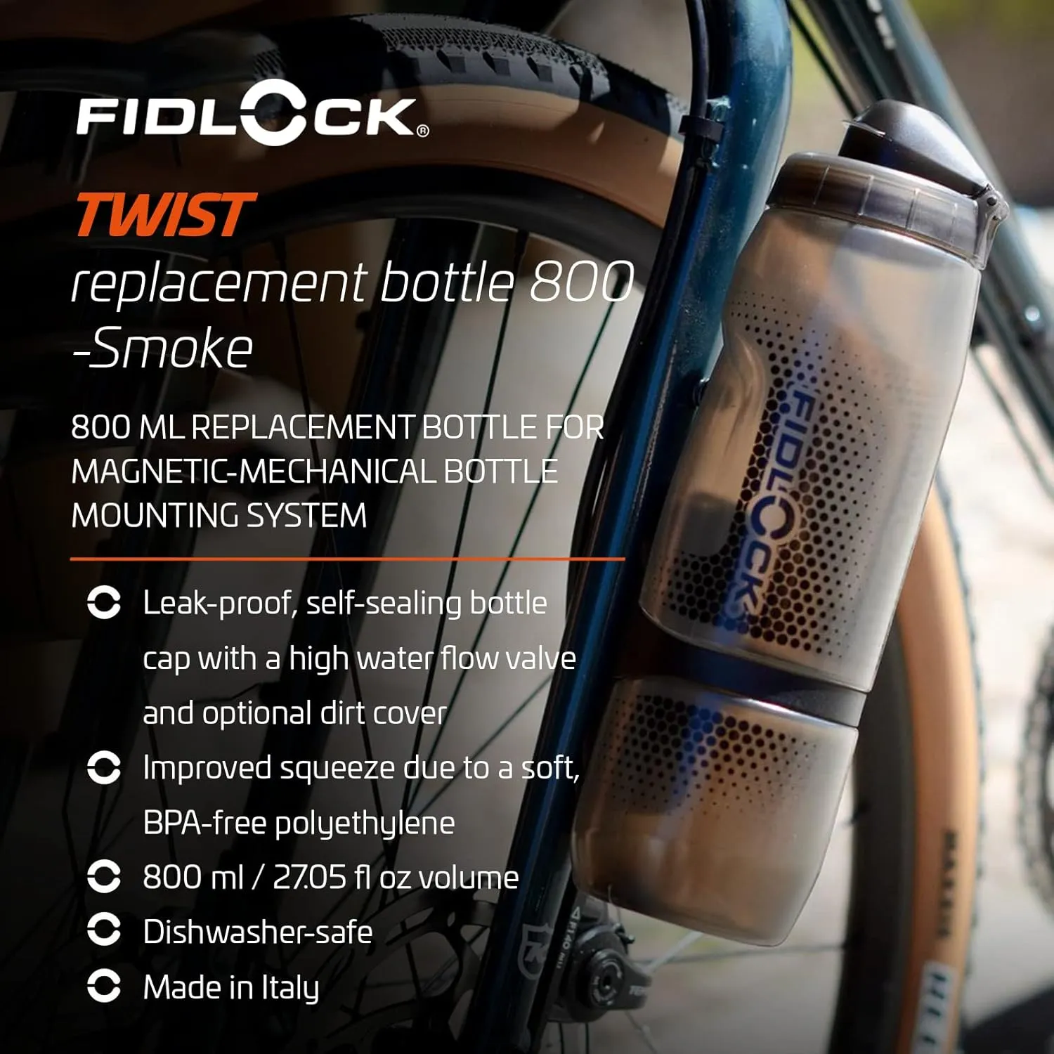 FIDLOCK Twist Replacement Bottle 800ml/27oz | Includes Twist Bottle Only (Twist Base Not Included) | Smoke