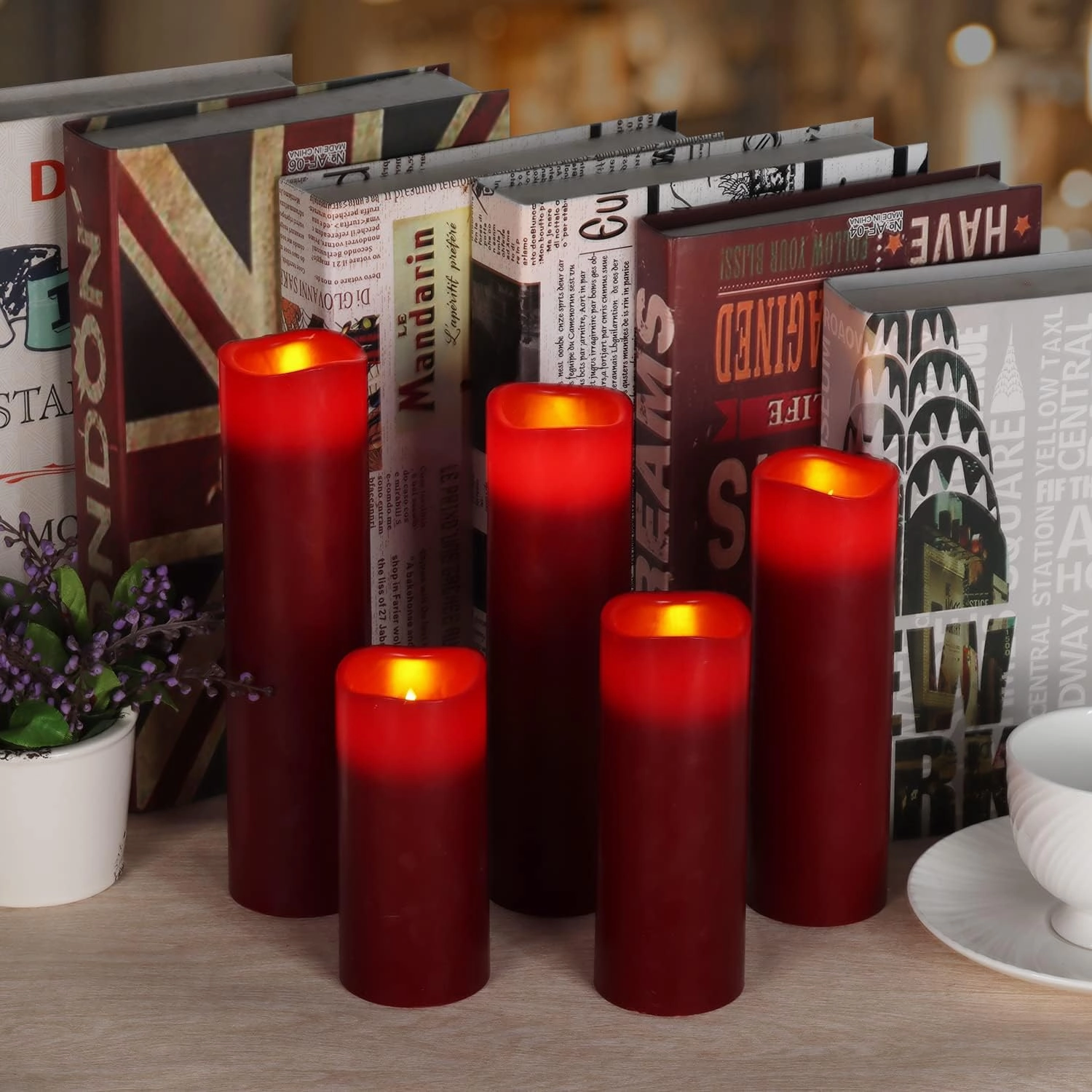 Flameless Candles Led Candles Pack of 9 (H 4" 5" 6" 7" 8" 9" x D 2.2") Burgundy Real Wax Battery Candles with Remote Timer