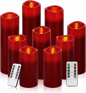 Flameless Candles Led Candles Pack of 9 (H 4" 5" 6" 7" 8" 9" x D 2.2") Burgundy Real Wax Battery Candles with Remote Timer