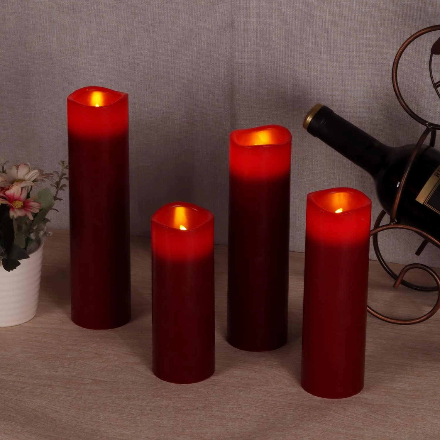 Flameless Candles Led Candles Pack of 9 (H 4" 5" 6" 7" 8" 9" x D 2.2") Burgundy Real Wax Battery Candles with Remote Timer