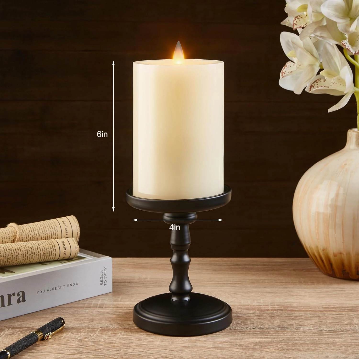 Flameless Pillar Candles Flickering with Remote Timer, Battery Operated LED Candle Up to 400 Hours, 3D Moving Flame Real Wax Candles, D4 x H6, Remote Included, Ideal for Christmas Party(Ivory, 4in)