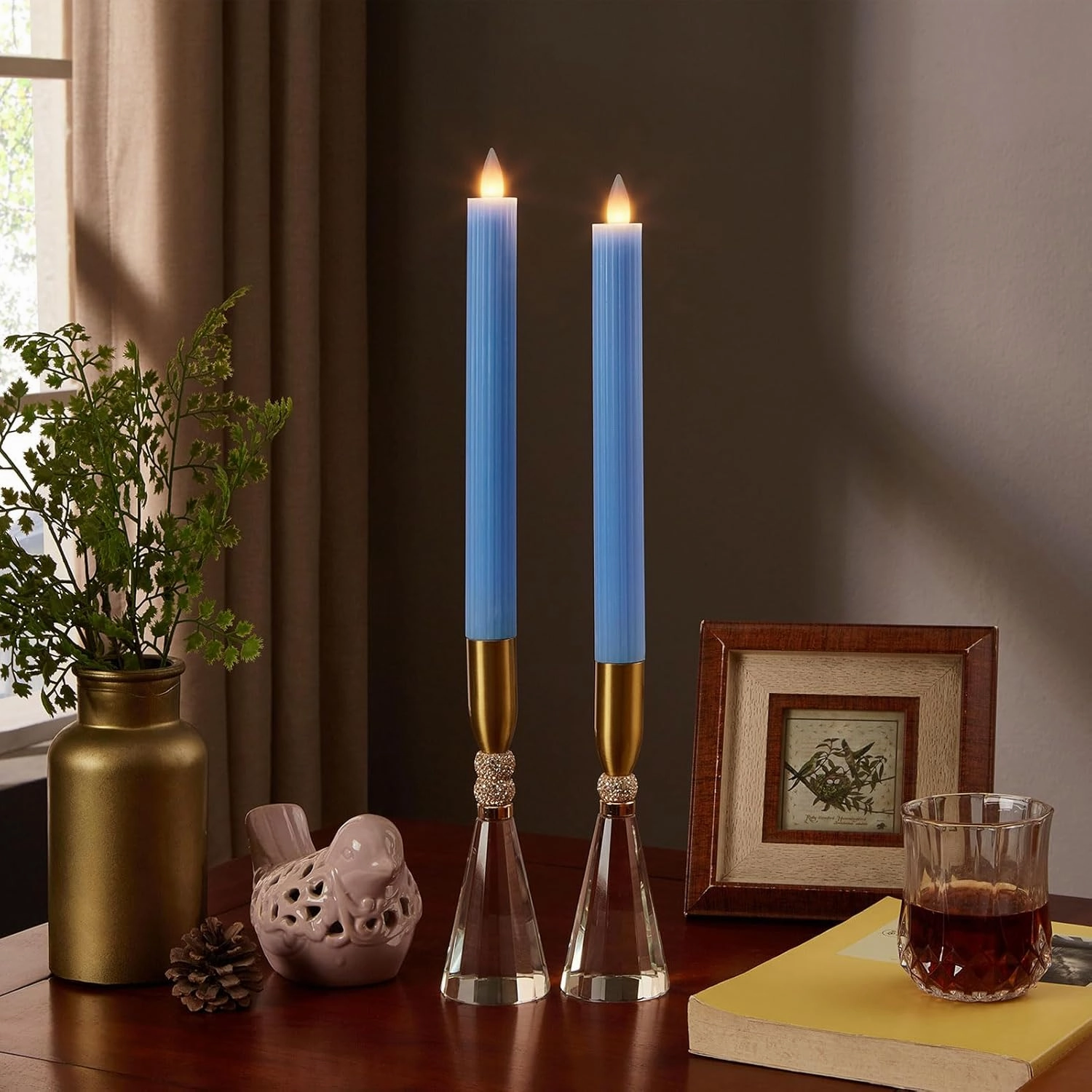 Flameless Taper Candles Flickering with Remote and Timer, 3D Moving Flame Taper Candle Battery Operated to 400 Hours, 9 Inch Window Candles, (Blue-Vertical Stripes)