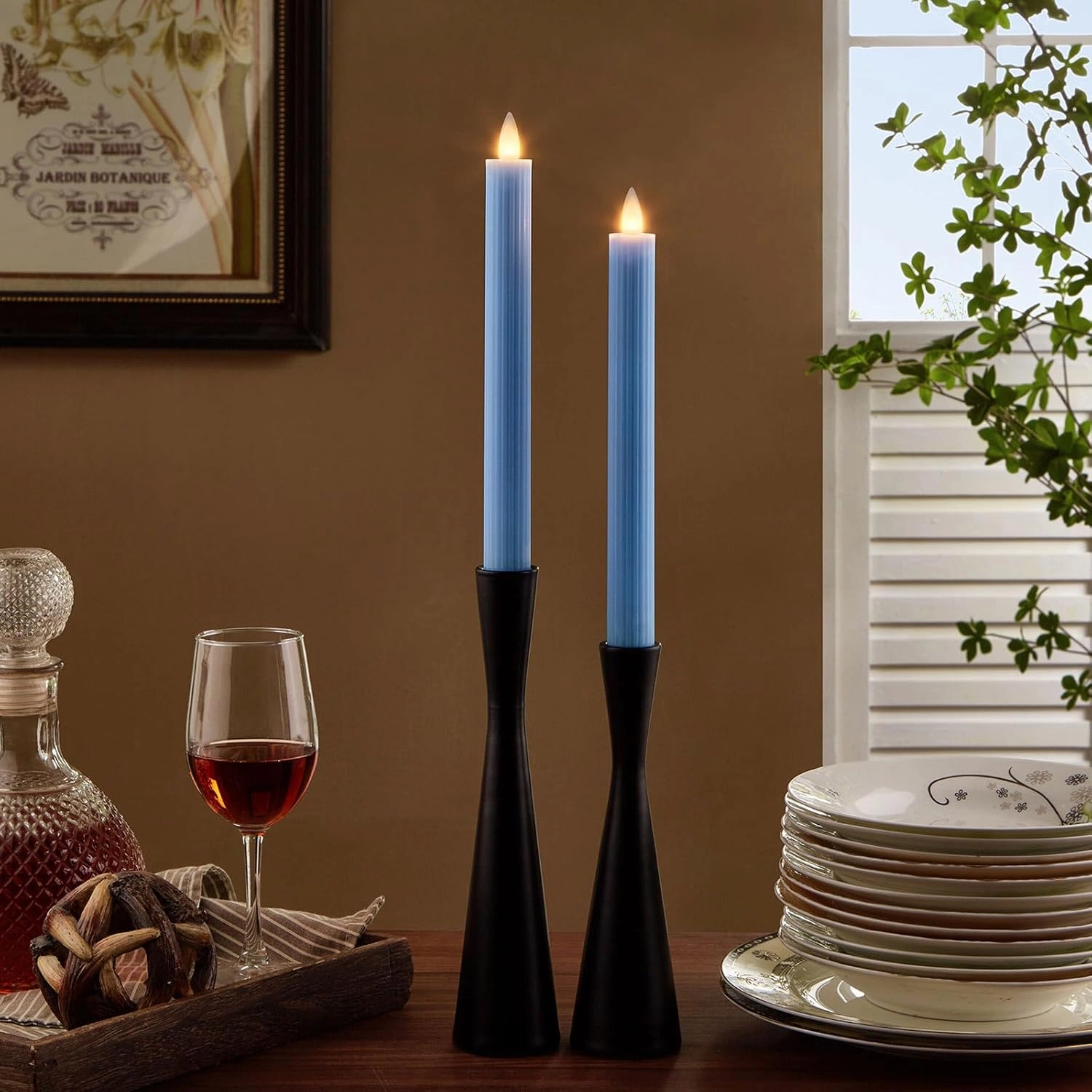 Flameless Taper Candles Flickering with Remote and Timer, 3D Moving Flame Taper Candle Battery Operated to 400 Hours, 9 Inch Window Candles, (Blue-Vertical Stripes)