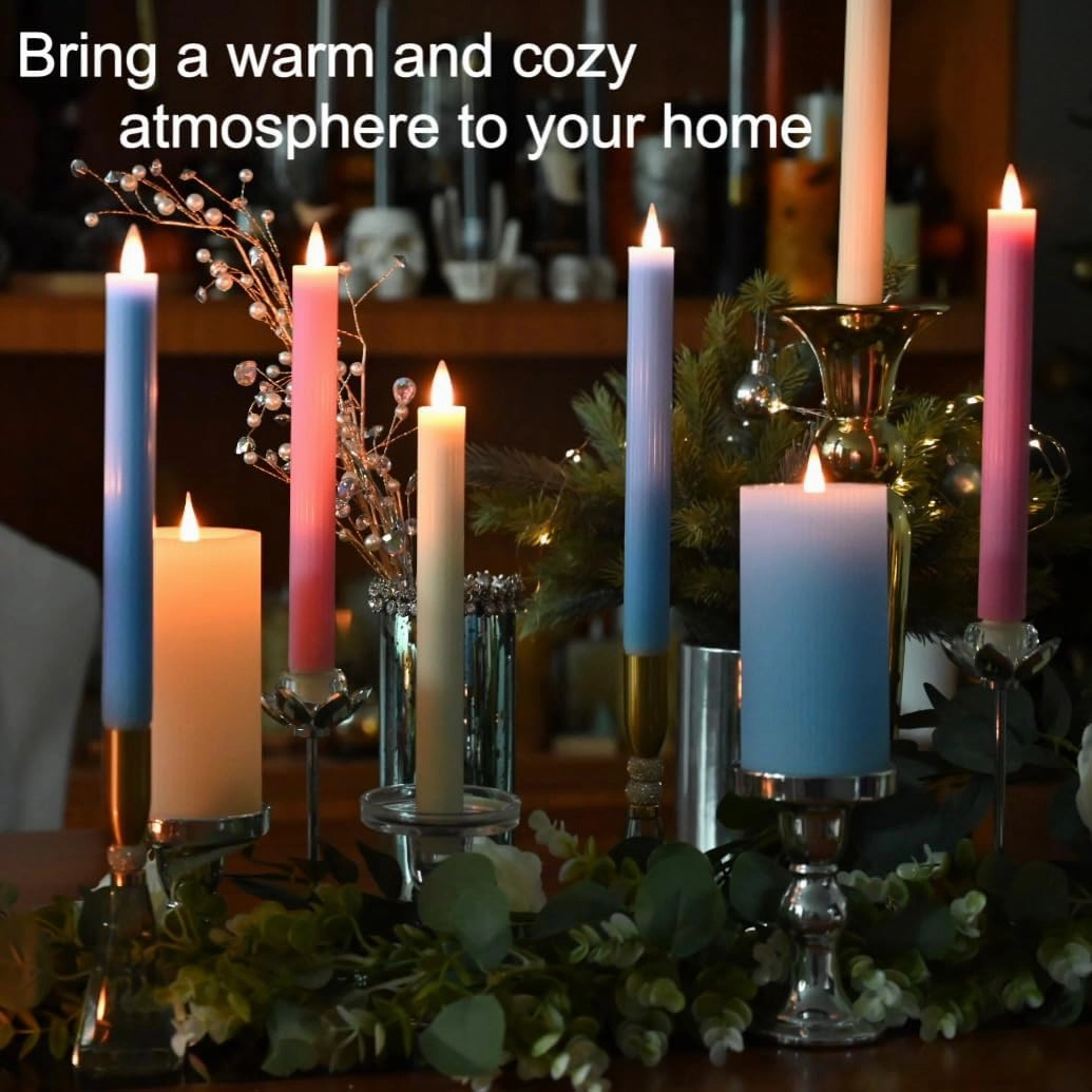 Flameless Taper Candles Flickering with Remote and Timer, 3D Moving Flame Taper Candle Battery Operated to 400 Hours, 9 Inch Window Candles, (Blue-Vertical Stripes)