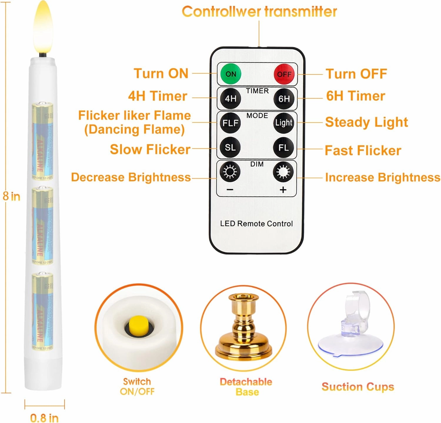 Flameless Taper Candles Flickering with Remote Timer, 4PCS Battery Operated Window Candles with Gold Candlesticks and Suction Cups, 8 Inch Warm White 3D Flame Candle for Home, Xmas Decor(White)