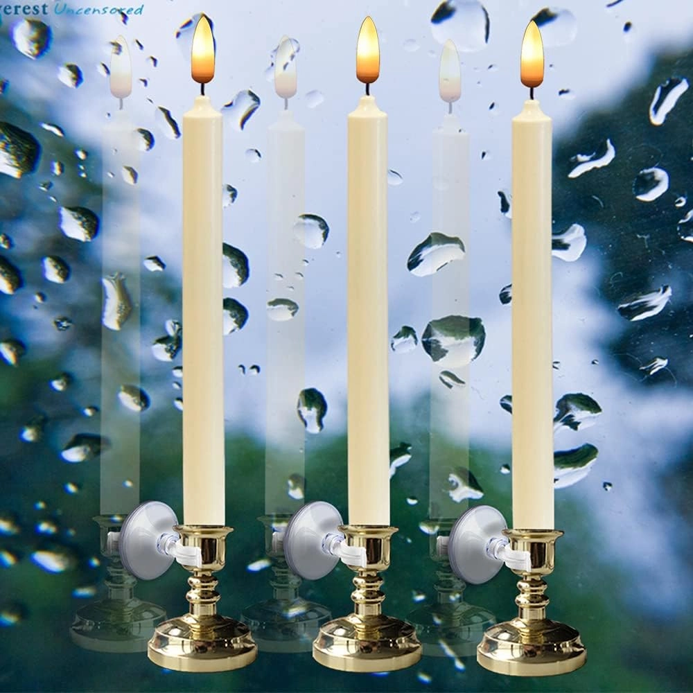 Flameless Window Candles with Timer & Remote, 10" Battery Operated 3D Wick LED Flickering Window Candles for Christmas Decoration, Removable Gold Holder and Suction Cups Included(6 Pack)